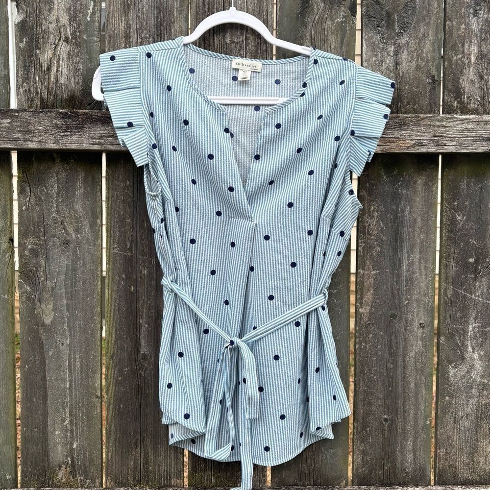 Faith and Joy Blue Striped Polka Dot Blouse 1X